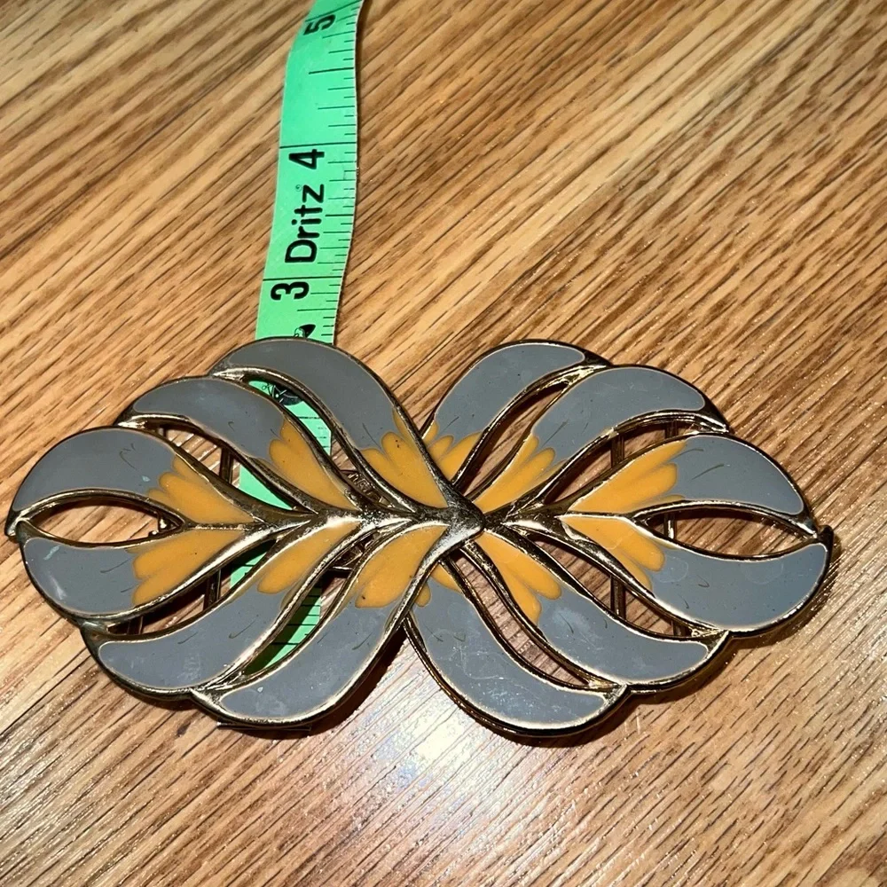 Vintage enamel Metal Gold tone gray & mustard Statement‎ Belt Buckle - Picture 7 of 8